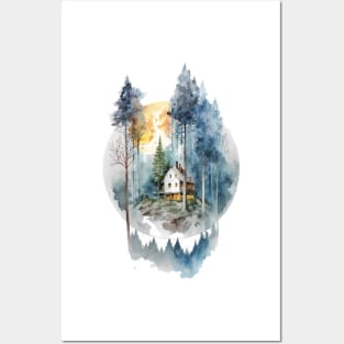 Cozy forest house surrounded with trees Posters and Art